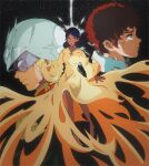  1boy 1girl amuro_ray barefoot black_hair breasts broken brown_hair char_aznable crying dark-skinned_female dark_skin dress green_eyes gundam helmet highres k41_78 lalah_sune long_dress medium_breasts mobile_suit_gundam tears yellow_dress 