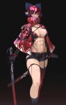  1girl abs bangs black_background black_gloves black_shorts blue_bow bow breasts cape cleavage ear_piercing eyelashes gloves hair_bow highres holding holding_sword holding_weapon katana large_breasts looking_at_viewer mole mole_under_eye muscular muscular_female navel piercing pointy_ears red_cape red_eyes red_hair sekibanki sheath sheathed short_hair short_shorts shorts simple_background single_thighhigh solo sword thighhighs thighs tomatolover16 touhou weapon 