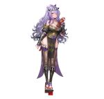 1girl absurdres arm_guards bangs bare_shoulders blush breasts camilla_(fire_emblem) choker cleavage closed_mouth commentary_request elbow_gloves fake_horns feet fingerless_gloves fingernails fire_emblem fire_emblem_fates fire_emblem_heroes fishnets flower gloves gold_trim hair_ornament hair_over_one_eye highres holding horns japanese_clothes kunai large_breasts legs long_hair looking_at_viewer nail_polish ninja official_art pelvic_curtain ponytail purple_eyes purple_hair rose sandals scroll sencha_(senchat) shiny shiny_clothes shiny_hair simple_background smile solo standing thighhighs toenail_polish toenails toes weapon white_background 