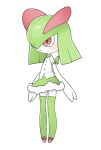  1girl arm_ribbon arms_at_sides bangs blush buttons closed_mouth clothed_pokemon collared_shirt colored_skin commentary english_commentary female_child flat_chest full_body fur-trimmed_skirt fur_trim green_hair green_ribbon green_skirt green_thighhighs hair_over_one_eye happy kirlia medium_hair miniskirt one_eye_covered pokemon pokemon_(creature) red_eyes red_footwear ribbon shiny shiny_hair shirt shoes sidelocks skirt sleeveless sleeveless_shirt smile solo standing thighhighs tosx white_shirt white_skin zettai_ryouiki 