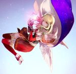  1girl angel_wings blonde_hair blue_background cape falling fina_(ffbe) final_fantasy final_fantasy_brave_exvius fingerless_gloves from_above full_body gem gloves glowing jewelry looking_at_viewer medium_hair necklace red_eyes solo starry_sky_print tarutaru_yamaoka thighhighs white_cape white_footwear wings 