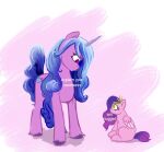  blue_hair english_text equid equine fur gradient_hair hair hasbro horn izzy_moonbow_(mlp) lennytribe looking_down mammal mlp_g5 my_little_pony pegasus pipp_petals_(mlp) purple_body purple_fur purple_hair sitting size_difference text unicorn wings 