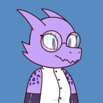  anthro armwear bust_portrait cheek_horn chibi clothed clothing coat elbow_gloves eyelashes eyewear female flat_colors glasses gloves handwear horn irrei_nuvoh_(turncoatpilot) jagged_mouth kobold lab_coat latex lizard portrait pupils purple_body purple_eyes purple_scales reptile scale_freckles scales scalie simple_background slit_pupils smile snout solo three-quarter_portrait tinydemon topwear 