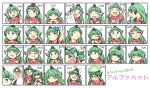  &gt;_&lt; 1girl :d :t ? \o/ alphabet arms_up blush cloud_print cosplay crying crying_with_eyes_open curly_hair dog eighth_note expression_chart glasses green_eyes green_hair gun hat highres holding holding_gun holding_weapon horns io_nano komano_aunn long_hair multiple_views musical_note one_eye_closed outstretched_arms paw_pose red_shirt shameimaru_aya shameimaru_aya_(cosplay) shirt single_horn smile sneezing sound_effects streaming_tears tears tokin_hat touhou weapon zun zun_(cosplay) zun_hat 