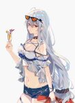  1girl absurdres ahoge arknights bare_shoulders black_choker blue_shorts breasts choker cleavage clothes_writing collarbone cowboy_shot crazy_straw cup drink drinking_glass drinking_straw eyewear_on_head grey_hair heart_straw highres holding holding_cup karasu_btk large_breasts long_hair low-tied_long_hair navel orange-tinted_eyewear orca_hair_ornament parted_lips red_eyes shorts simple_background skadi_(arknights) skadi_(waverider)_(arknights) solo stomach sunglasses thigh_strap tinted_eyewear very_long_hair white_background 