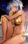  1girl alcohol barefoot beer beer_mug bikini black_nails blush breasts breasts_day brown_eyes can chair cleavage closed_mouth cropped cup dark-skinned_female dark_skin eyewear_on_head feet gold_bikini good_breasts_day grey-framed_eyewear grey_hair hair_between_eyes heart highres holding holding_cup kantai_collection knee_up large_breasts legs light_brown_hair long_hair looking_at_viewer mug musashi_(kancolle) musashi_kai_ni_(kancolle) nail_polish navel night one_eye_closed pointy_hair short_hair_with_long_locks side-tie_bikini_bottom sitting sky smile solo speech_bubble spoken_heart star_(sky) starry_sky string_bikini sunglasses swimsuit thighs toes tongue tongue_out twintails two_side_up yellow-framed_eyewear yunamaro 