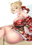  1girl ahoge aoi_sakura_(seak5545) ass bangs bare_shoulders blonde_hair blush bottomless bow breasts clothes_lift collarbone dutch_angle fate/grand_order fate_(series) fingernails floral_print from_behind green_eyes hair_bow hair_bun hair_intakes highres indoors japanese_clothes kimono kimono_lift large_breasts lips long_sleeves looking_at_viewer nero_claudius_(fate) no_panties off_shoulder on_floor red_bow red_kimono red_lips red_nails short_hair sitting smile solo tatami twisted_torso wide_sleeves 