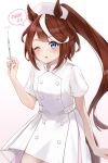  1girl ;o absurdres animal_ears blue_eyes blush brown_hair buttons double-breasted dress hair_flaps hat high_ponytail highres holding holding_syringe horse_ears horse_girl horse_tail long_hair looking_at_viewer multicolored_hair nurse nurse_cap one_eye_closed open_mouth pleated_dress short_dress short_sleeves solo streaked_hair syringe tail tokai_teio_(umamusume) two-tone_hair umamusume white_dress white_hair yoshinon_(yoshinon_kotori) 
