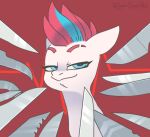  blue_eyes equid equine female hasbro knife knife_cat looking_at_viewer mammal meme mlp_g5 my_little_pony notched_eyebrow red_background simple_background smug smug_expression smug_eyes smug_face smug_grin superduperath zipp_storm_(mlp) 