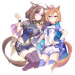  2girls :&lt; @_@ ahoge animal_ears bangs belt black_shorts blue_thighhighs blush bodice breasts brown_hair brown_thighhighs choker crown hairband hand_on_hip hihiqhi horse_ears horse_girl horse_tail large_breasts looking_at_viewer medium_hair meisho_doto_(umamusume) mini_crown multiple_girls navel purple_eyes short_hair short_shorts shorts small_breasts smile t.m._opera_o_(umamusume) tail thighhighs umamusume white_shorts wrist_cuffs 