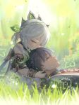  1boy 1girl aura_draws bangle blurry blurry_background bracelet braid closed_eyes closed_mouth detached_sleeves dress english_commentary eyelashes eyeshadow falling_leaves female_child forest genshin_impact grass green_hair hair_ornament highres jewelry kiss lap_pillow leaf leaf_hair_ornament makeup nahida_(genshin_impact) nature outdoors parted_lips pointy_ears purple_hair red_eyeshadow scaramouche_(genshin_impact) short_hair side_ponytail single_braid tears twitter_username white_dress white_hair 