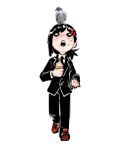  1girl absurdres animal_on_head bangs bird bird_on_head black_hair black_jacket black_necktie black_pants chainsaw_man collared_shirt food formal gurumo_(twitter) hair_ornament hairclip higashiyama_kobeni highres holding_ice_cream ice_cream jacket looking_at_another looking_at_viewer medium_hair mole mole_under_mouth multiple_moles necktie on_head open_mouth pants pigeon red_footwear shirt short_ponytail simple_background solo_focus suit walking white_background white_shirt 
