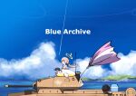  1girl absurdres bangs bikini blonde_hair blue_archive blue_sky cloud copyright_name day frilled_bikini frills from_side ground_vehicle hair_ribbon halo hifumi_(blue_archive) hifumi_(swimsuit)_(blue_archive) highres innertube long_hair low_twintails lumi_snowfall military military_vehicle motor_vehicle ocean open_mouth outdoors profile ribbon sky swimsuit tank twintails very_long_hair white_bikini 