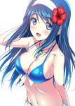  1girl bikini blue_bikini blue_eyes blue_hair breasts cleavage commentary_request flower futaba_aoi_(vividred_operation) hair_flaps hairband hibiscus highres jewelry key medium_breasts necklace nonbe solo swimsuit upper_body vividred_operation white_background white_hairband 