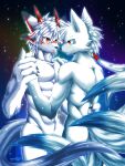  absurd_res akino-kamihara anthro black_body black_fur blue_body blue_fur canid canine canis convenient_censorship dipstick_ears dipstick_tail duo ear_piercing ear_ring facial_markings fur generation_1_pokemon hair hand_holding hand_on_back hand_on_shoulder head_markings hi_res horn ivan_(ivan-jhang) male male/male mammal markings multi_ear multicolored_ears muscular muscular_anthro muscular_male night ninetales nintendo nude orange_eyes piercing pokemon pokemon_(species) ponytail ring_piercing shiny_pokemon tail_censorship tail_markings video_games white_body white_fur white_hair wolf 