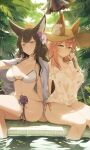  2girls absurdres animal_ear_fluff animal_ears bangs bikini bikini_under_clothes blue_archive breasts brown_eyes brown_hair cleavage closed_mouth crossed_legs crossover day ears_through_headwear fate/grand_order fate_(series) flower fox_ears fox_girl fumafu hair_between_eyes hair_flower hair_ornament halterneck hat highres holding holding_umbrella large_breasts long_hair looking_at_viewer multicolored_hair multiple_girls navel official_alternate_costume outdoors parasol pink_hair purple_flower red_bikini see-through shirt side-by-side side-tie_bikini_bottom sidelocks sitting smile soaking_feet stomach straw_hat string_bikini swimsuit t-shirt tamamo_(fate) tamamo_no_mae_(swimsuit_lancer)_(fate) thigh_strap thighs tree umbrella voice_actor_connection wakamo_(blue_archive) wakamo_(swimsuit)_(blue_archive) water wet wet_clothes wet_shirt white_bikini white_flower white_shirt yellow_eyes 