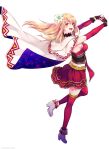  1girl blonde_hair cape fina_(ffbe) final_fantasy final_fantasy_brave_exvius fingerless_gloves flower from_side full_body gloves hair_flower hair_ornament highres interlocked_fingers leg_up looking_at_viewer looking_back medium_hair open_mouth red_thighhighs smile solo starry_sky_print stretching tarutaru_yamaoka teeth thighhighs upper_teeth white_background white_cape white_footwear 