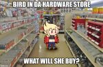  ace_hardware avian blonde_hair blush bottomwear chibi claws clothing crop_top denim denim_clothing dot_eyes dusk_matsumoto_(tinydemon) european_mythology feathers female freckles greek_mythology hair harpy humanoid impact_(font) jeans meme midriff mythological_avian mythology pants photo_background red_body red_feathers shirt shitpost solo tail_feathers talons tinydemon topwear torn_bottomwear torn_clothing torn_jeans torn_pants winged_arms wings 