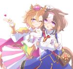 2girls @_@ animal_ears armor bag bangs blue_jacket blush breasts brown_hair cape crown ear_piercing fingerless_gloves frilled_shirt_collar frills gloves heart hihiqhi horse_ears horse_girl horse_tail jacket large_breasts long_sleeves looking_at_viewer medium_hair meisho_doto_(umamusume) mini_crown multiple_girls one_eye_closed open_mouth orange_hair piercing purple_eyes salute shirt short_hair shoulder_armor shoulder_bag skirt sleeveless sleeveless_jacket small_breasts smile t.m._opera_o_(umamusume) tail turtle two-finger_salute umamusume upper_body white_gloves white_shirt 