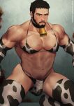  1boy abs animal_print bara beard bell bikini black_hair bulge chris_redfield cow_print cowbell facial_hair highres kneeling large_pectorals male_focus muscular muscular_male navel pectorals print_bikini resident_evil resident_evil_village short_hair solo swimsuit thick_thighs thighs zink_(zink_mchn) 