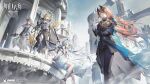  1boy 3girls animal_ears arknights armor blonde_hair blue_eyes braid brown_hair cane coin dress feather_hair_ornament feathers gloves green_eyes grey_hair hair_ornament highres honeyberry_(arknights) long_hair multiple_girls nearl_(arknights) nearl_the_radiant_knight_(arknights) official_art orange_hair passenger_(arknights) passenger_(dream_in_a_moment)_(arknights) ponytail rosmontis_(arknights) rosmontis_(become_anew)_(arknights) tail twintails watch white_dress white_gloves wings yellow_eyes 