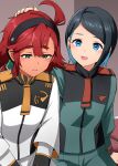  2girls :d ahoge aqua_eyes asticassia_school_uniform bangs black_hairband blue_eyes blue_hair epaulettes gundam gundam_suisei_no_majo hair_between_eyes hairband highres kamelie long_hair looking_at_another looking_down low_ponytail multicolored_hair multiple_girls necktie nika_nanaura orange_necktie red_hair red_necktie school_uniform short_hair sitting smile suletta_mercury swept_bangs thick_eyebrows 