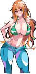  1girl absurdres bangs bikini breasts cleavage covered_nipples denim enpe feet_out_of_frame green_bikini hair_between_eyes hand_on_hip highres jeans large_breasts long_hair looking_at_viewer midriff multicolored_bikini multicolored_clothes nami_(one_piece) navel one_piece orange_eyes orange_hair pants revealing_clothes simple_background smile stomach striped striped_bikini swept_bangs swimsuit thigh_gap very_long_hair white_background white_bikini wide_hips 
