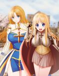  2girls arch_bishop_(ragnarok_online) armor bangs blonde_hair blue_dress blue_eyes blue_sky blurry blurry_background blush boobplate breasts brown_skirt building cecil_(wing_r) chainmail chinese_commentary cleavage cleavage_cutout closed_mouth clothing_cutout cloud cowboy_shot cross dress english_commentary gauntlets long_hair looking_at_viewer lord_knight_(ragnarok_online) miniskirt mixed-language_commentary multiple_girls open_mouth paid_reward_available pauldrons pelvic_curtain pleated_skirt ragnarok_online shoulder_armor skirt sky smile tree two-tone_dress white_dress 