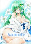  1girl arim0k0 ass bare_shoulders breasts bride cleavage flower frog_hair_ornament green_eyes green_hair hair_ornament hair_tubes hand_on_own_chest highres japanese_clothes kimono kochiya_sanae large_breasts long_hair looking_at_viewer parted_lips sample_watermark snake_hair_ornament solo touhou traditional_media white_flower white_kimono 