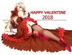  1girl black_ribbon black_skirt blonde_hair chocolate fina_(ffbe) final_fantasy final_fantasy_brave_exvius fishnet_thighhighs fishnets flower from_behind full_body hair_flower hair_ornament happy_valentine high_heels looking_back lying majin_fina on_side red_hair ribbon skirt smile solo tarutaru_yamaoka thighhighs thighs white_background 