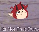 ambiguous_gender blue_eyes blush bored demon demon_dragon devlyn_(tinydemon) draglyn_(tinydemon) dragon edit erina_duval hair horn humanoid humanoid_pointy_ears its_not_that_deep low_res meme one_eye_closed red_hair shitpost short_hair short_stack sitting_in_water solo tinydemon water 