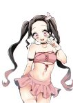  1girl black_hair breasts brown_hair hair_ribbon highres kamado_nezuko kimetsu_no_yaiba long_hair midriff multicolored_hair navel open_mouth pink_eyes pink_ribbon pink_skirt pori_(kmt_pori) ribbon skirt solo stomach twintails 