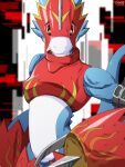  anthro bandai_namco black_pupils blue_arms blue_body blue_scales blue_tail clothed clothing countershade_torso countershading digimon digimon_(species) flamedramon guoh_ga_gotoku iris looking_at_viewer multicolored_body pupils red_clothing red_eyes scales scalie signature solo white_body white_countershading 