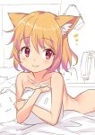  1girl :3 animal_ear_fluff animal_ears bangs bed_sheet cat_ears cat_girl cocoa_(rabi_ribi) collarbone commentary_request goggles goggles_removed light_blush looking_at_viewer lying medium_hair nude object_hug on_stomach orange_hair partially_colored rabi-ribi red_eyes saiste smile solo 