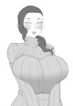  1girl ayako_(twrlare) blush breast_squeeze breasts commentary english_commentary forehead gigantic_breasts greyscale high_collar highres light_smile lips mature_female mole monochrome original ponytail ribbed_sweater short_hair sketch solo sweater twrlare 