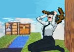  1girl ass black_hair black_pants blue_sky blurry blurry_foreground breasts chainsaw_man collared_shirt crying eyepatch facing_up grass hands_on_own_head highres himeno_(chainsaw_man) holding holding_pickaxe huge_ass kneeling large_breasts liowig meme minecraft minecraft_pickaxe obsidian_(gemstone) on_grass open_mouth pants pickaxe shirt shirt_tucked_in short_hair sky solo tears tree water white_shirt 