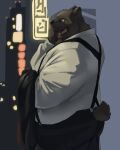  2022 anthro black_nose bottomwear clothed clothing digital_media_(artwork) donguri fully_clothed half-length_portrait hi_res humanoid_hands kemono male mammal mature_male night outside overweight overweight_male pants portrait shirt solo suspenders topwear ursid 
