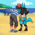  anthro beach biped butt butt_grab day duo generation_4_pokemon hand_on_butt hi_res holowear_(pokemon) human human_on_anthro interspecies lucario male male/male mammal nintendo outside pokemon pokemon_(species) pokemon_unite pokephilia rear_view ruins_style_lucario sea seaside shaded sky smolevn squish standing video_games water 