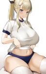  1girl :o absurdres bangs blonde_hair blue_eyes blush breasts hair_ornament hairclip highres huge_breasts kneeling looking_at_viewer navel neneneji original parted_lips ponytail shirt short_sleeves sidelocks simple_background solo thick_thighs thighs white_background white_shirt 