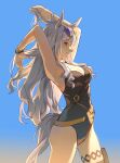  1girl absurdres animal_ears armpits arms_up black_one-piece_swimsuit breasts cleavage eyewear_on_head from_side gold_ship_(run_revolt_launcher)_(umamusume) gold_ship_(umamusume) grey_hair highres horse_ears horse_girl horse_tail large_breasts long_hair looking_at_viewer official_alternate_costume red_eyes solo sunglasses super_smashing_summer_vacation_(umamusume) swimsuit tail thigh_strap umamusume very_long_hair wufaxianshi_cnd 