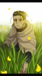  1boy black_eyes black_hair cloak crying crying_with_eyes_open facial_hair goatee golden_kamuy grass hair_slicked_back hair_strand highres hood hooded_cloak male_focus ogata_hyakunosuke outstretched_hand petals reaching_out ri_(ri_kaos21) scar scar_on_cheek scar_on_face short_hair solo stitches stubble sunlight tears tears_from_one_eye undercut upper_body 