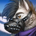  1:1 2022 anthro artist_name black_nose blue_sky bust_portrait canid canine canis cheek_tuft dated domestic_dog facial_tuft fur glistening glistening_eyes grey_hair hair husky male mammal muzzle_(object) muzzled neck_tuft necktie nordic_sled_dog orange_eyes outside plant portrait purple_necktie short_hair sky slash_freezen snow solo spitz three-quarter_view tree tuft white_body white_fur 