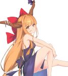  1girl absurdres bangs blunt_bangs bow feet_out_of_frame hair_bow highres horn_ornament horn_ribbon horns ibuki_suika long_hair low-tied_long_hair oeyama orange_hair red_bow ribbon simple_background sitting solo touhou very_long_hair white_background 