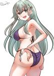  1girl ass ass_grab back bare_shoulders bikini breasts cowboy_shot grabbing_own_ass green_eyes green_hair hair_ornament hairclip hand_on_own_ass highres kantai_collection large_breasts long_hair looking_at_viewer matsunaga_(haku) open_mouth purple_bikini smile solo suzuya_(kancolle) swimsuit 