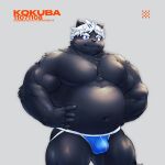  2022 anthro belly black_body blush bulge canid canine clothing hair hi_res kemono kokuba_hoeguro male mammal musclegut navel overweight overweight_male rotsw solo underwear virtual_youtuber white_hair 