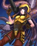  1girl blue_background breasts brown_gloves cosplay gloves halo heart helmet highres holding holding_weapon hololive hololive_english long_hair ninomae_ina&#039;nis quake ranger_(quake) rocket_launcher rpg short_sleeves smile solo substance20 tentacles virtual_youtuber weapon yellow_armor 