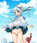  1girl aqua_neckerchief aqua_skirt black_ribbon blue_hair blue_sailor_collar blue_sky building cloud day dixie_cup_hat double_bun hair_bun hat hat_ribbon kantai_collection long_sleeves military_hat miniskirt navel neckerchief no_panties outdoors pleated_skirt ribbon sailor_collar samuel_b._roberts_(kancolle) school_uniform serafuku shirt short_hair skirt sky sleeve_cuffs solo tachibana_hiroki white_headwear white_shirt yellow_eyes 