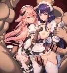  2girls alternate_costume animal_ears apron ass black_gloves black_pantyhose braid braided_ponytail breasts cameltoe company_connection cosplay crossover dark-skinned_male dark_skin dress elysia_(honkai_impact) elysia_(miss_pink_elf)_(honkai_impact) elysia_(miss_pink_elf)_(honkai_impact)_(cosplay) enmaided flower fox_ears frilled_dress frills garter_belt genshin_impact gloves hair_flower hair_ornament highres honkai_(series) honkai_impact_3rd imminent_penetration imminent_vaginal large_breasts long_hair looking_at_viewer looking_back maid maid_apron mihoyo multiple_boys multiple_girls open_mouth panties pantyhose parted_lips penis pink_hair purple_eyes purple_flower purple_hair purple_rose raiden_shogun rikume rita_rossweisse rita_rossweisse_(umbral_rose) rita_rossweisse_(umbral_rose)_(cosplay) rose short_sleeves teeth thick_thighs thighhighs thighs uncomfortable underwear white_background white_gloves white_panties white_pantyhose white_thighhighs yae_miko 