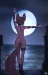  1girl animal_ears animal_feet arm_up ass bloodborne brown_hair commentary english_commentary fox_ears fox_girl fox_tail from_behind full_moon highres make_contact_(gesture) moon night night_sky nude original outdoors outstretched_arm personal_ami shoulder_blades sky solo standing tail 