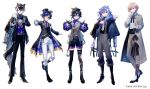  5boys :d ;d absurdres alternate_costume animal_ears animal_hat antenna_hair aqua_eyes aqua_hair ascot astel_leda back_bow beckoning belt black_ascot black_belt black_cape black_capelet black_coat black_footwear black_gloves black_hair black_headwear black_jacket black_pants black_ribbon black_shirt black_shorts black_thighhighs black_vest blonde_hair blue_eyes blue_hair boots bow bowtie brooch cabbie_hat cape capelet cat_hat coat collared_shirt copyright cummerbund dress_shirt ear_piercing earrings flower_earrings frilled_sleeves frills fur-trimmed_cape fur_trim gloves green_eyes grey_belt grey_coat grey_pants grey_shirt grey_vest hair_behind_ear hair_between_eyes half_gloves hand_on_own_chest haruu_shun hat high_heel_boots high_heels highres hitodama holding holding_key holostars jackal_boy jackal_ears jackal_tail jacket jewelry kageyama_shien kanade_izuru key lapel_pin lapels layered_sleeves legwear_garter long_hair looking_at_viewer male_focus minase_rio multicolored_hair multiple_boys multiple_necklaces neck_ribbon necktie notched_lapels official_art one_eye_closed open_clothes open_coat open_mouth outstretched_hand pants piercing pink_hair pinky_ring platform_footwear purple_bow purple_bowtie purple_eyes purple_hair purple_necktie purple_vest ribbon rikka_(holostars) ring shawl_lapels shirt shorts simple_background single_earring smile streaked_hair stud_earrings suspenders tail tassel thighhighs top_hat torn_thighhighs two-sided_fabric two-tone_hair two-tone_vest vest virtual_youtuber white_background white_footwear white_gloves white_hair white_necktie white_pants white_shirt yellow_eyes 